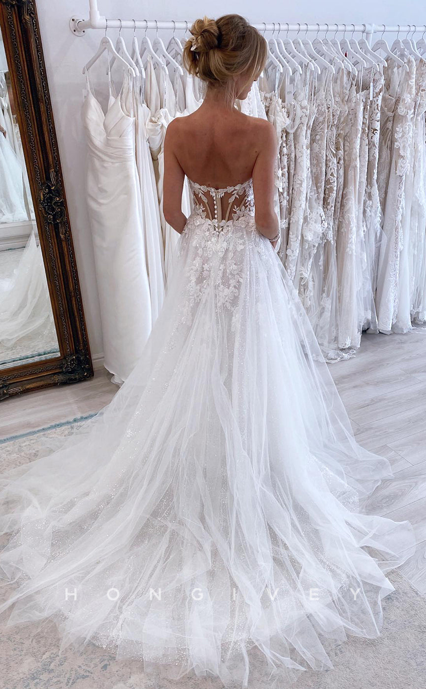 H0889 - Floral Embossed Plunging Illusion Strapless With Train Wedding Dress