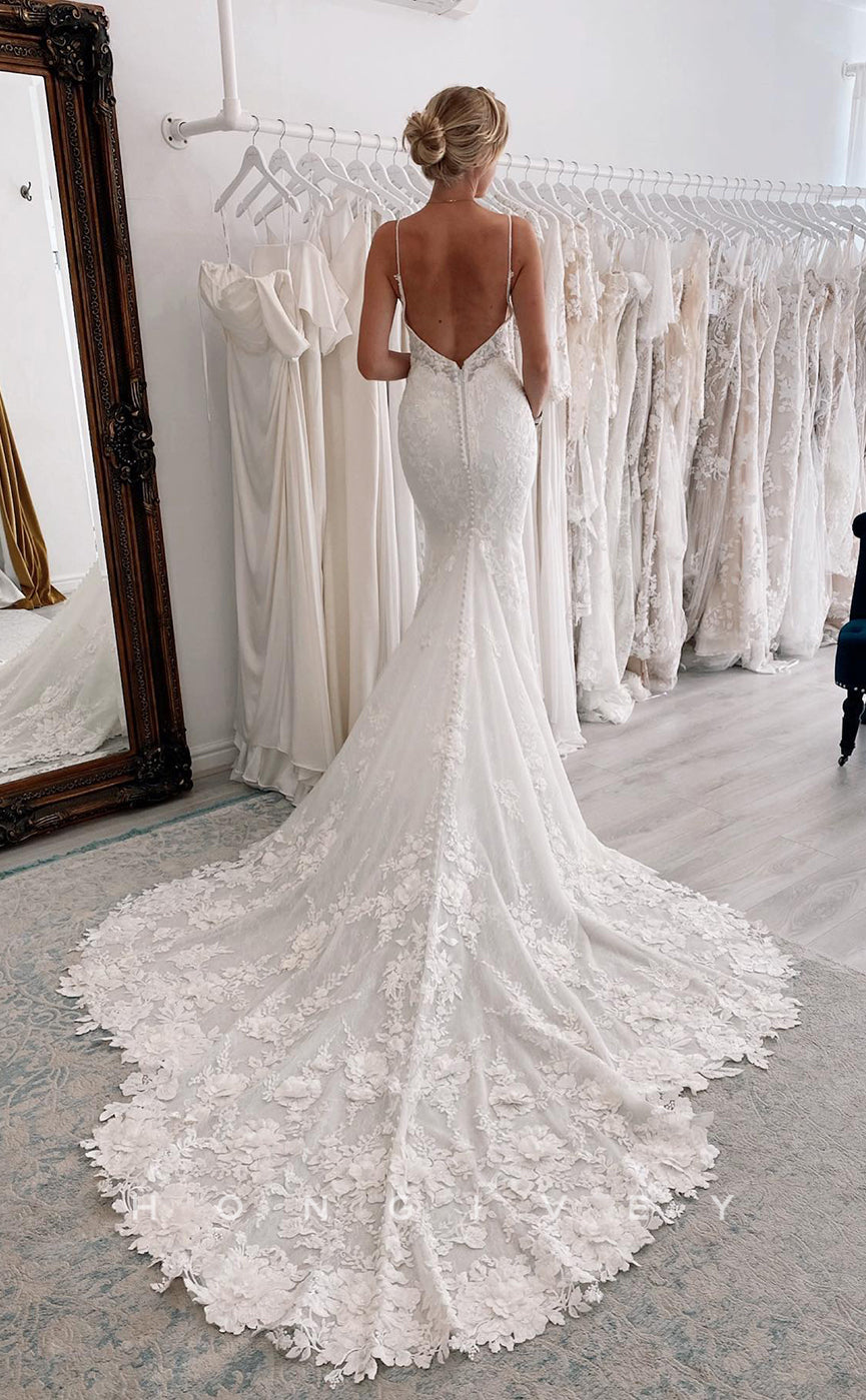 H0890 - Sheer Fully Floral Lace Embroidered Plunging Illusion With Train Wedding Dress