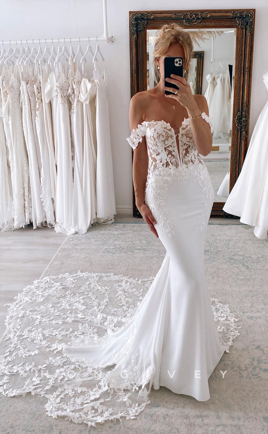 H0892 - Fully Floral Lace Embroidered Plunging Illusion Mermaid With Train Wedding Dress