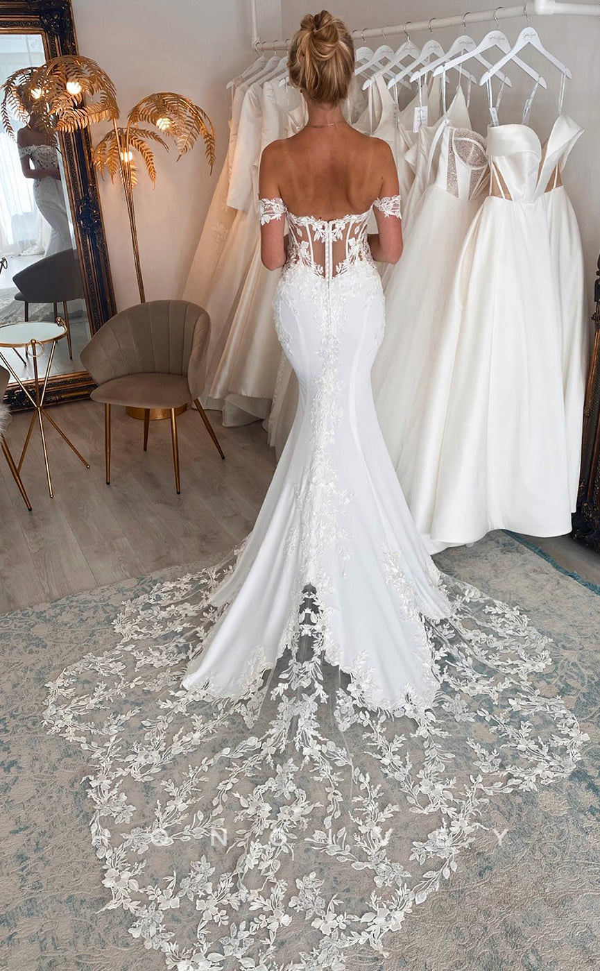 H0892 - Fully Floral Lace Embroidered Plunging Illusion Mermaid With Train Wedding Dress