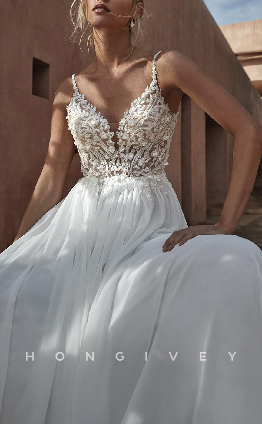 H0897 - Floral Lace Embossed Open Back Plunging Illusion With Train And Overlay Long Wedding Dress