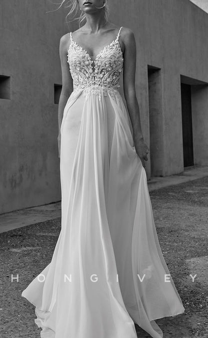 H0897 - Floral Lace Embossed Open Back Plunging Illusion With Train And Overlay Long Wedding Dress