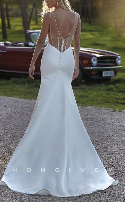 H0898 - Couture Crystal Beaded Illusion Cutout Open Back With Train Long Wedding Dress