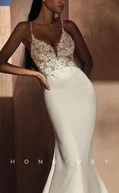 H0902 - Floral Lace Embroidered Plunging Illusion With Train And Overlay Long Wedding Dress