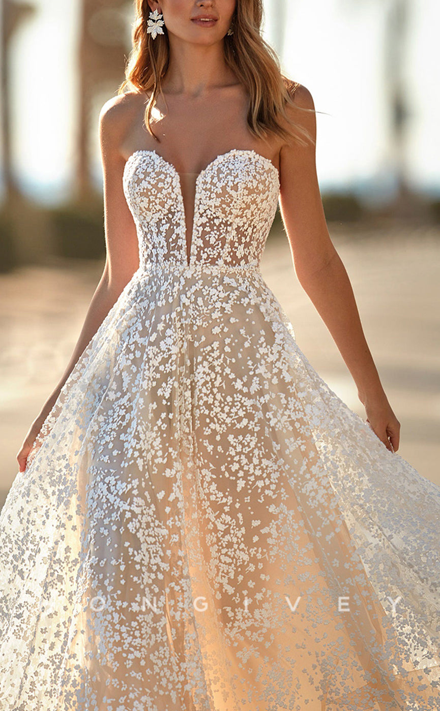 H0907 - Fully Lace Applique Strapless Tiered Plunging Illusion With Train Long Wedding Dress
