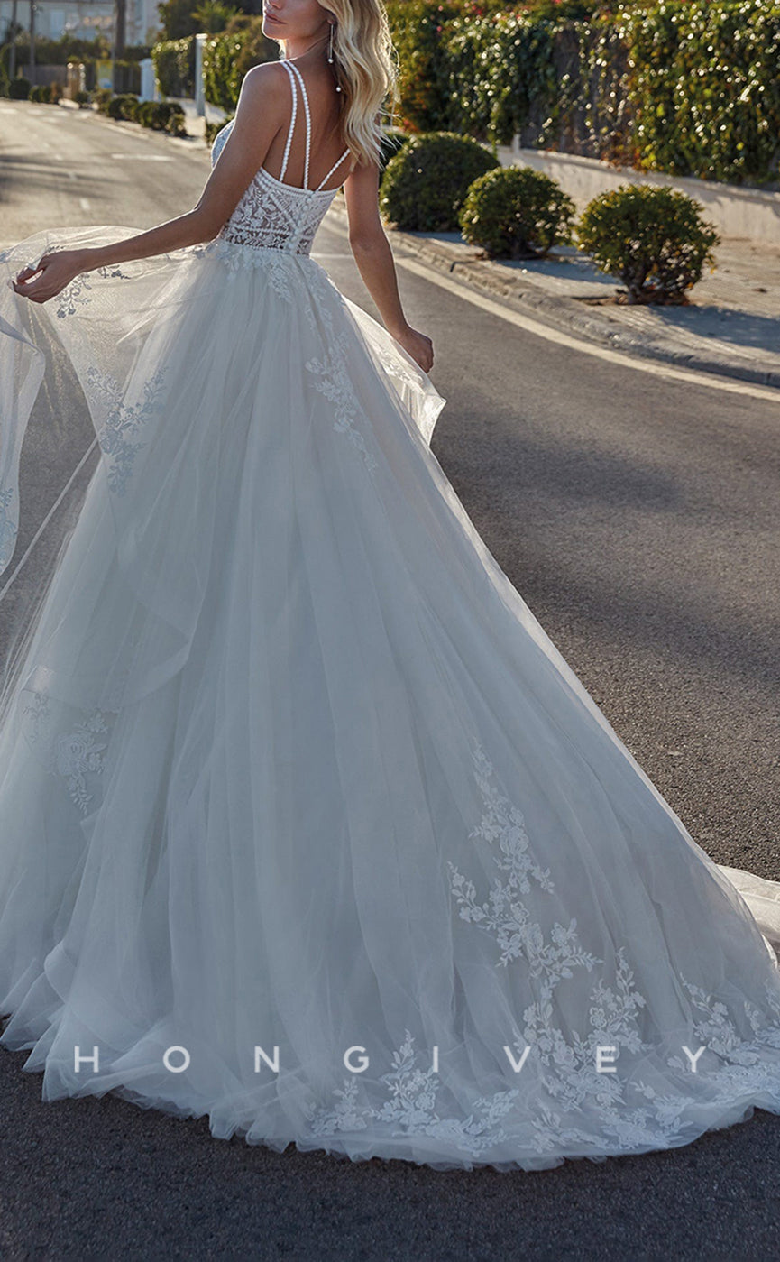 H0913 - Sheer Floral Lace Embroidered Plunging Illusion With Train Long Wedding Dress