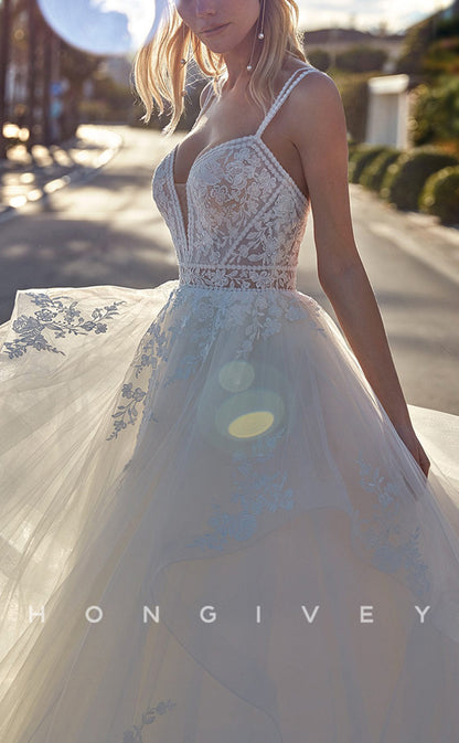 H0913 - Sheer Floral Lace Embroidered Plunging Illusion With Train Long Wedding Dress