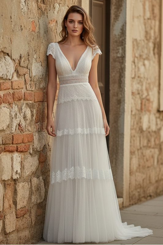 HONGIVEY Lace Wedding Dresses Beach Short Sleeves V-Neck Sheath Bridal Dress