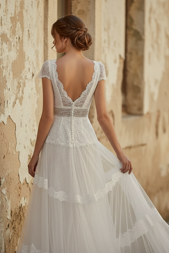 HONGIVEY Lace Wedding Dresses Beach Short Sleeves V-Neck Sheath Bridal Dress