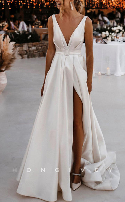 H0916 - Simple V-Neck Open Back Ruched With Train And Slit Long Wedding Dress