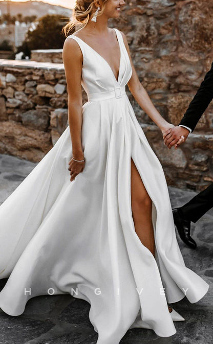 H0916 - Simple V-Neck Open Back Ruched With Train And Slit Long Wedding Dress