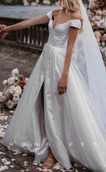 H0917 - Courture Simple V-Neck Ruched With Train And Slit Long Wedding Dress