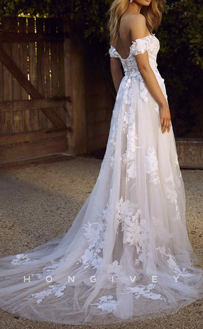 H0918 - Fully Floral Lace Embroidered Tiered With Train Long Wedding Dress
