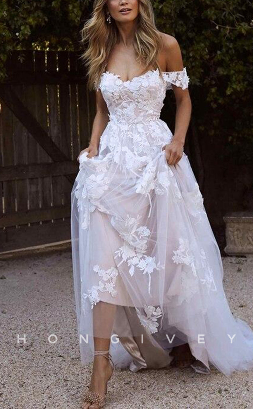 H0918 - Fully Floral Lace Embroidered Tiered With Train Long Wedding Dress