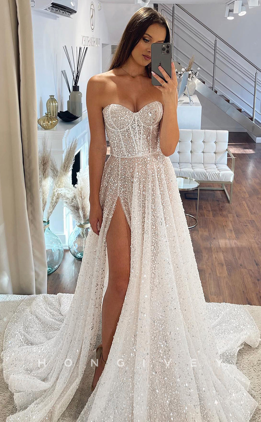 H0920 - Sheer Fully Sequined Strapless With Train And Slit Long Wedding Dress