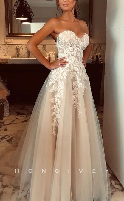 H0924 - Floral Embroidered Strapless Illusion Tiered With Train Long Wedding Dress