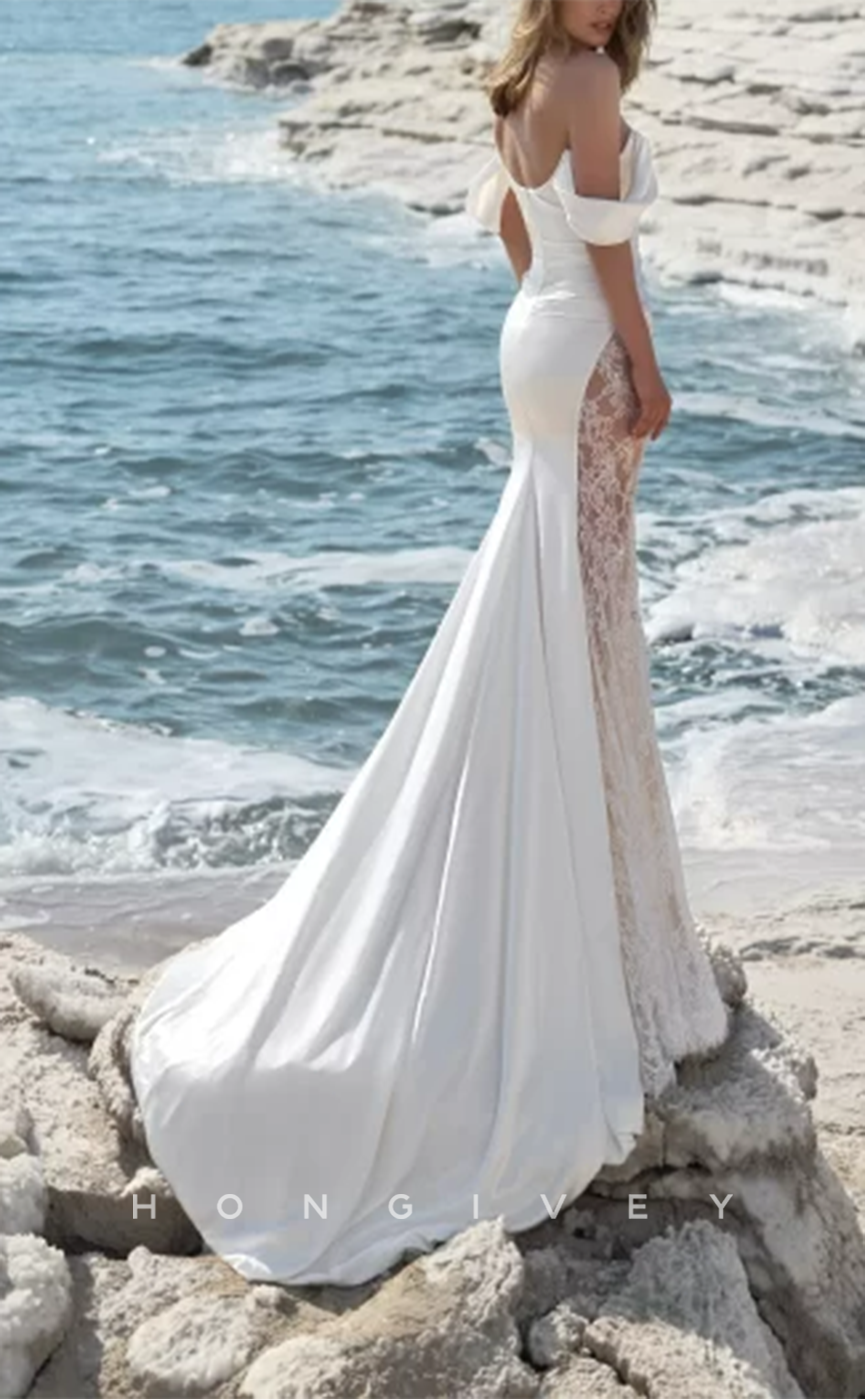 H0928 - Sexy Lace Applique Illusion With Train Long Wedding Dress