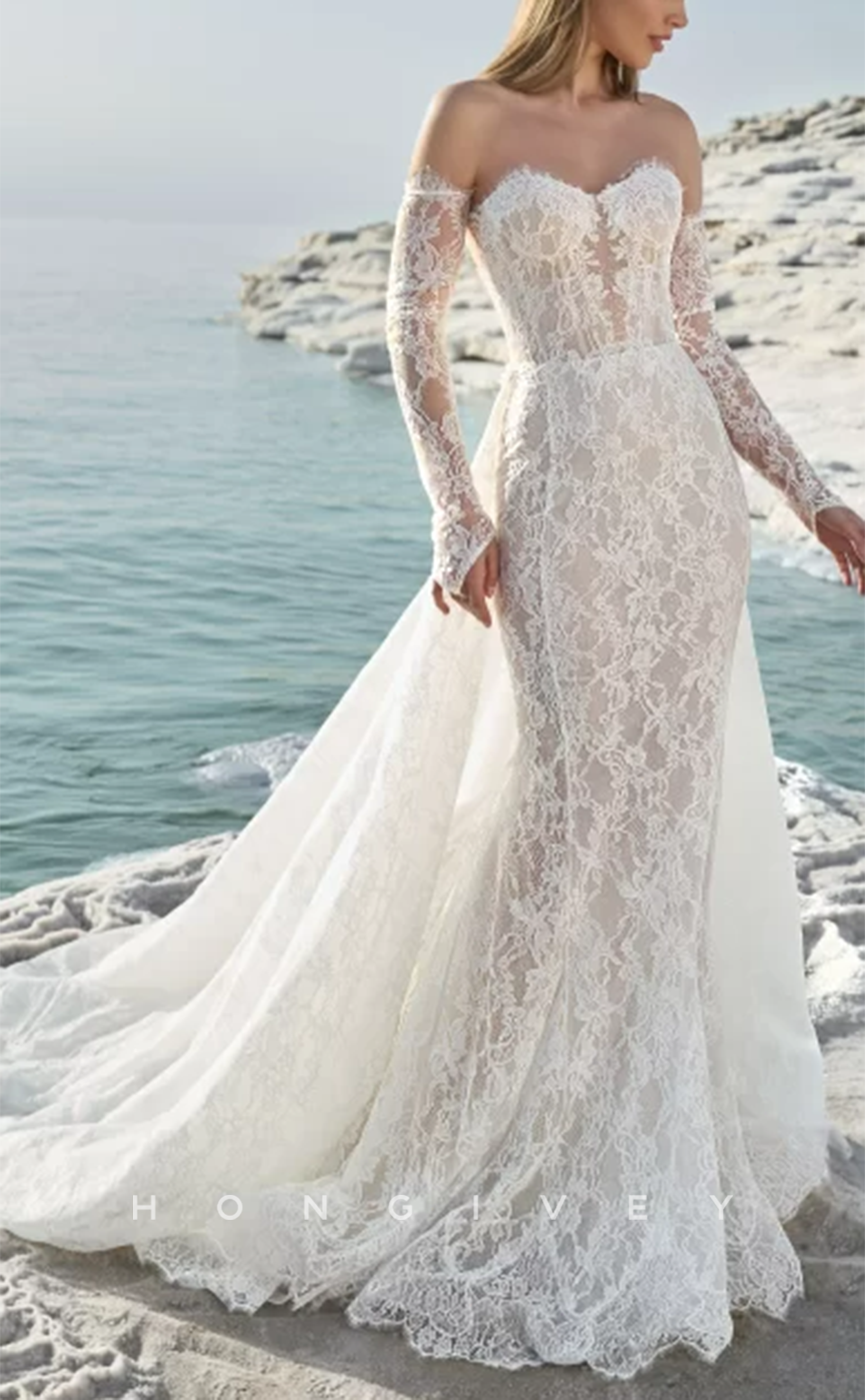 H0930 - Fully Floral Lace Illusion With Train And Overlay Long Wedding Dress