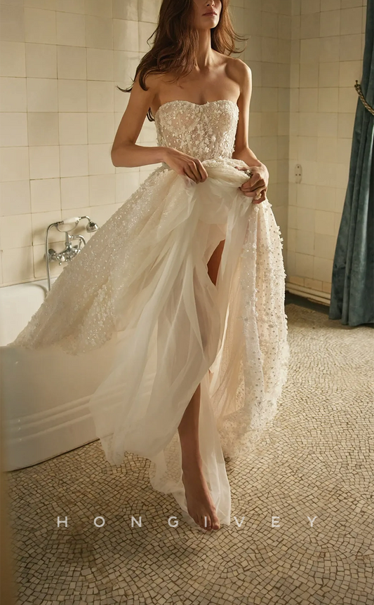 H0934 - Fully Floral Lace Embossed Beaded Illusion Strapless With Train Long Wedding Dress