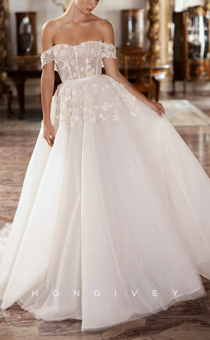 H0937 - Floral Appliqued Crystal Beaded Illusion Tiered With Train Long Wedding Dress