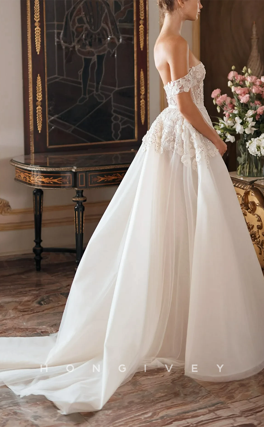 H0937 - Floral Appliqued Crystal Beaded Illusion Tiered With Train Long Wedding Dress