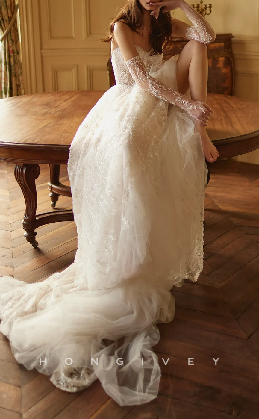 H0940 - Glitter Fully Lace Floral Embroidered Pearl Beaded Illusion With Train Long Wedding Dress