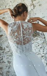 H0943 - Illusion Lace Applique High Scoop Neck With Train And Slit Long Wedding Dress