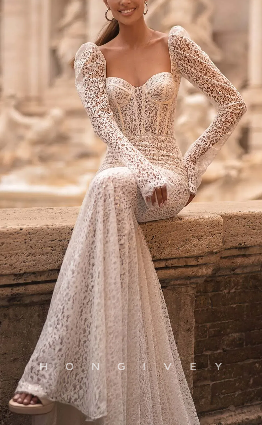 H0944 - Illusion Fully Lace Tiered Long Sleeves Mermaid With Train Long Wedding Dress