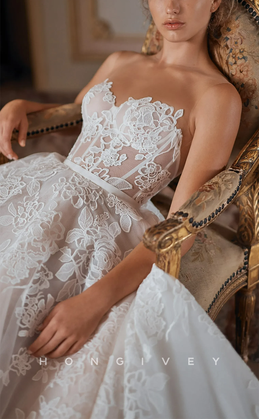 H0953 - Illusion Fully Floral Embroidered Lace Applique Strapless With Train Long Wedding Dress