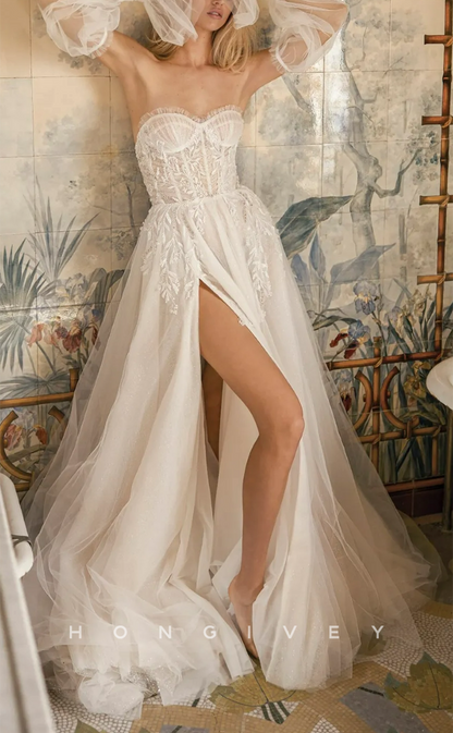 H0954 - Illusion Crystal Beaded Lace Applique Puff Sleeves With Train And Slit Long Wedding Dress