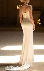 H0957 - Illusion Lace Applique Pearl Beaded With Train And Slit Long Wedding Dress