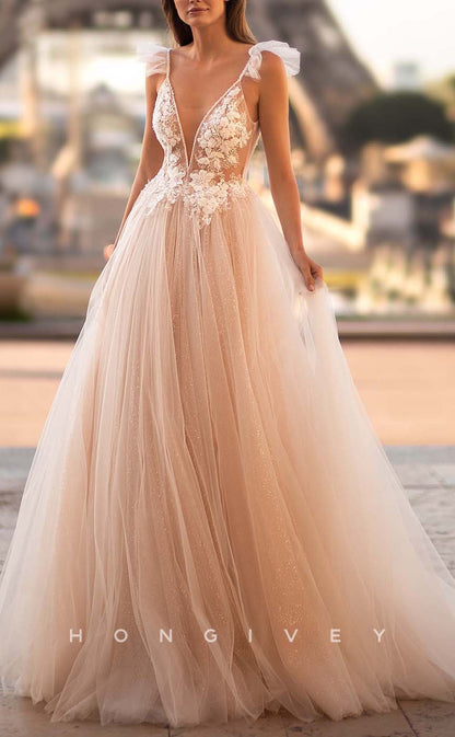 H0963 - Sparky Sheer Lace Applique Tiered Plunging Illusion With Train Long Wedding Dress