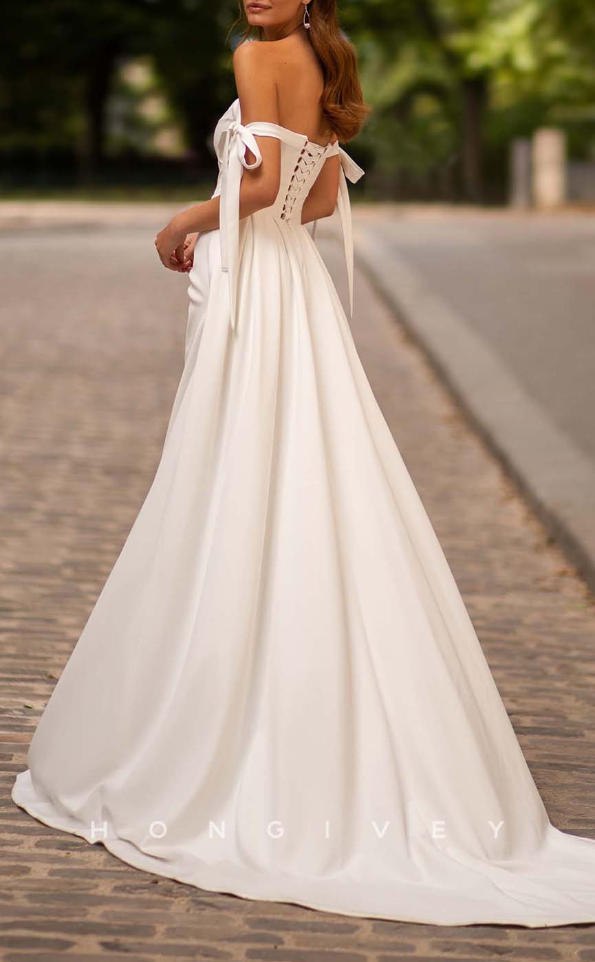 H0967 - Simple Lace-Up Back Rucheed Bow Detail With Train And Slit Long Wedding Dress