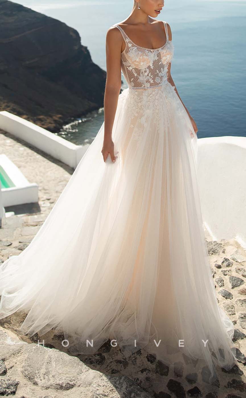 H0972 - Sheer Lace Applique Floral Embossed Tiered With Train Long Wedding Dress