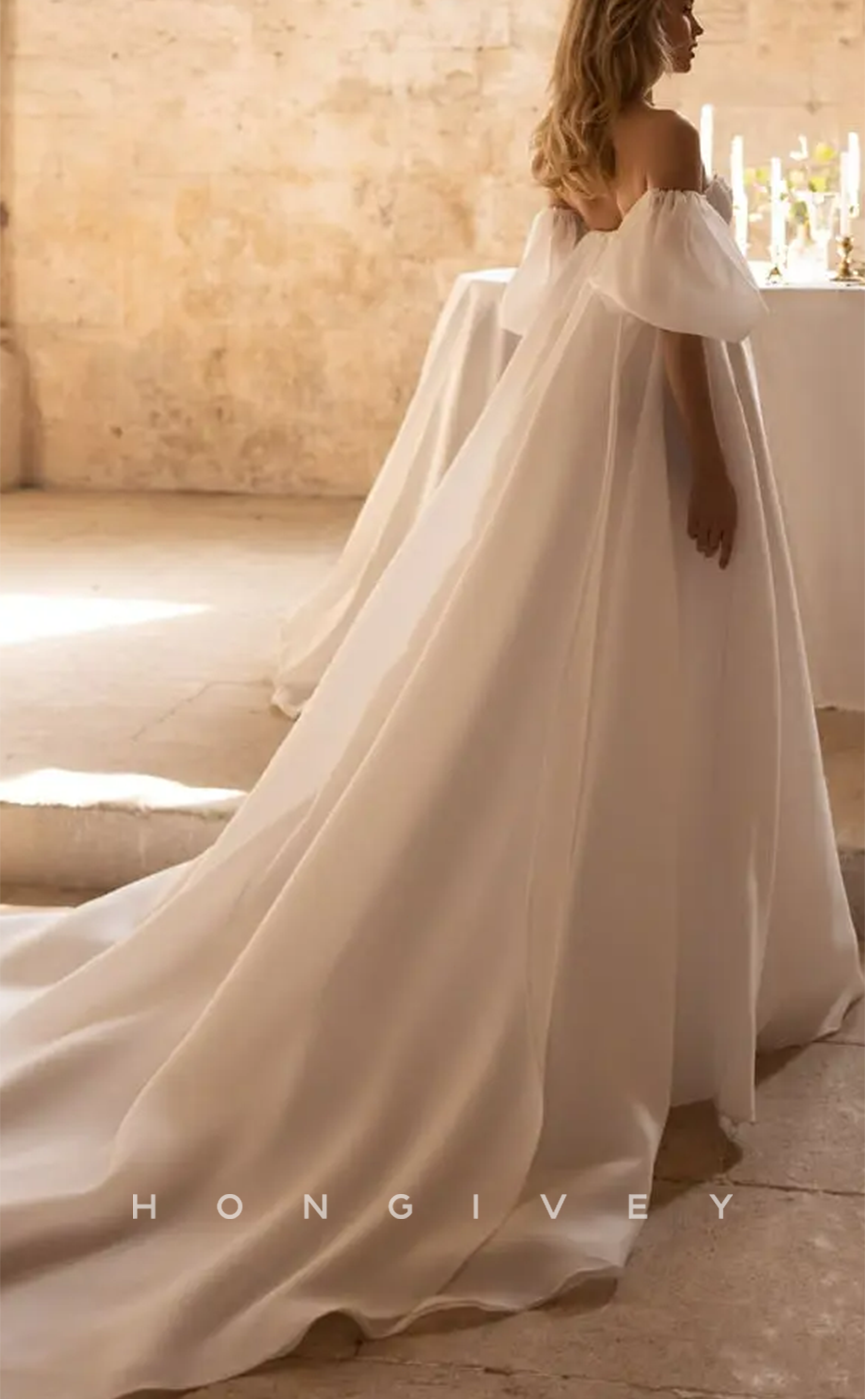 H0977 - Illusion Ruched Puff Sleeves Strapless With Train And Slit Long Wedding Dress