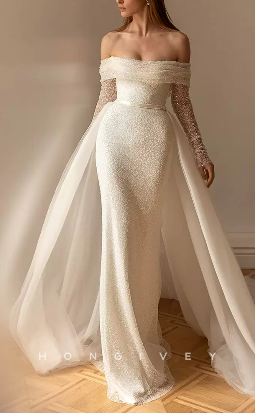 H0978 - Fully Sequined Beaded Long Sleeves With Train And Overlay Long Wedding Dress