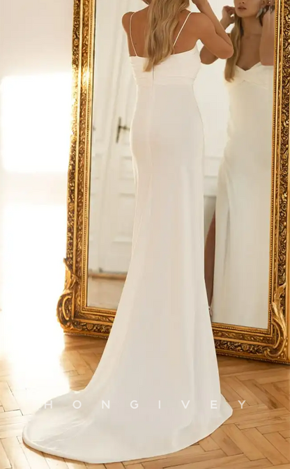 H0979 - Simple Ruched With Train And Side Slit Long Wedding Dress