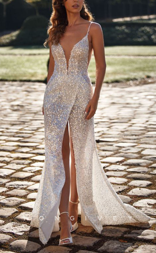 H0983 - Fully Sequined Deep V-Neck Feathered Bolero With Train And Slit Long Wedding Dress