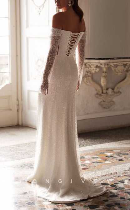 H0985 - Fully Sequined Sheer Lace-Up Back With Train And Slit Long Wedding Dress