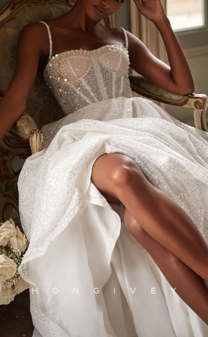 H0988 - Sparkly Sequined Beaded Sheer Lace-Up Back Ruched With Slit Long Beach Wedding Dress