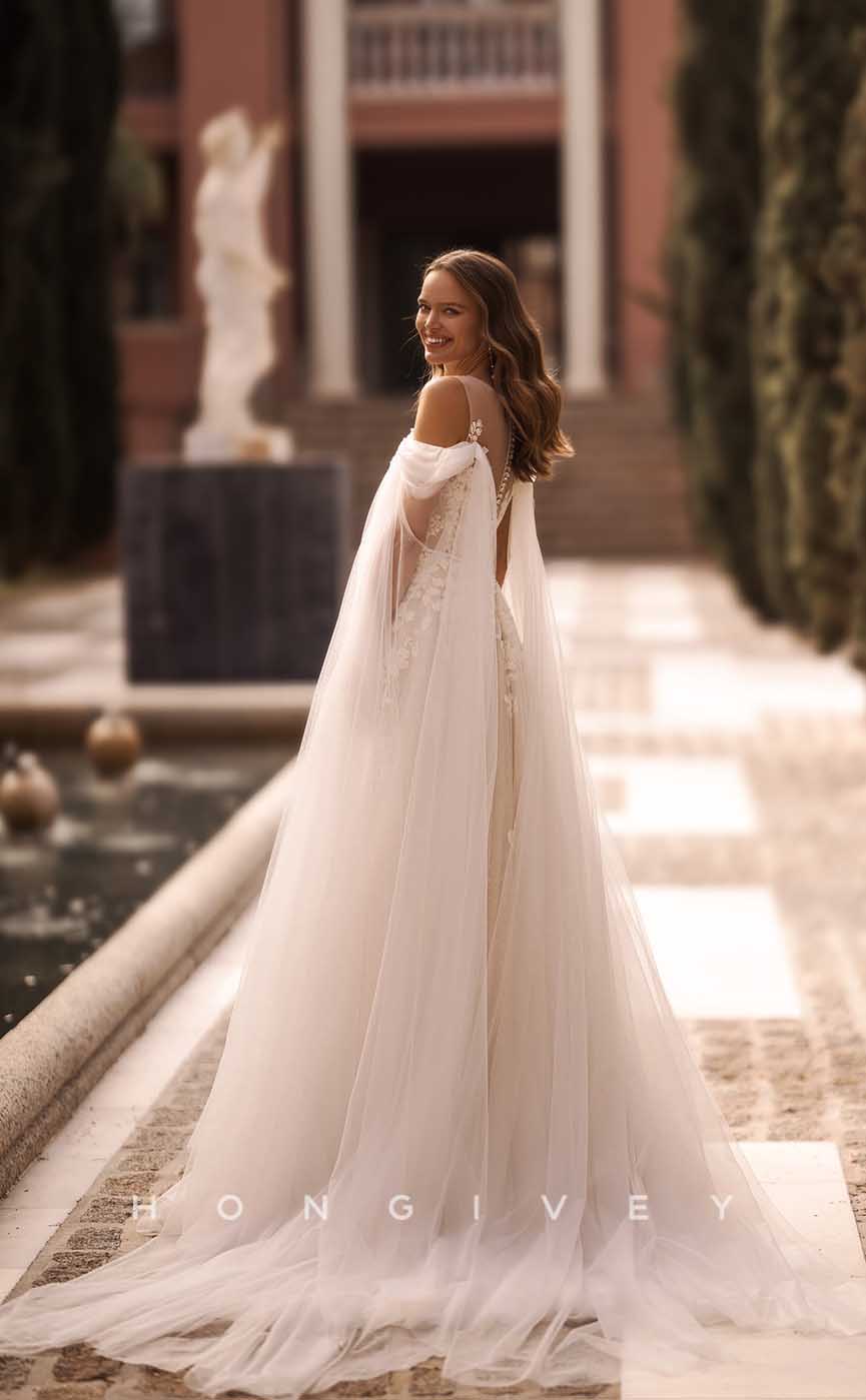 H0992 - Popular A-Line Tulle Gown V-Neck Long Boho/Beach Wedding Dress