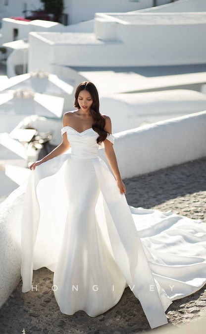 H0994 - Popular Off-Shoulder With Train Satin Long Beach Wedding Dress