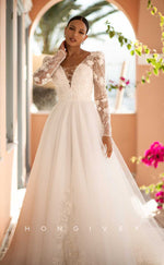 H0997 - Sexy Lace Appliques V-Neck Long Sleeve With Train Long Boho/Beach Wedding Dress