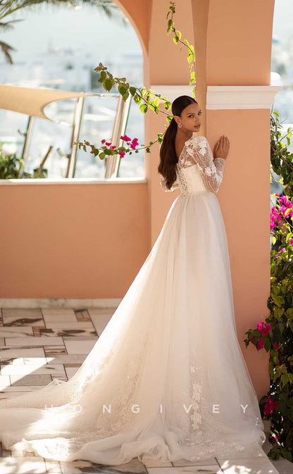 H0997 - Sexy Lace Appliques V-Neck Long Sleeve With Train Long Boho/Beach Wedding Dress