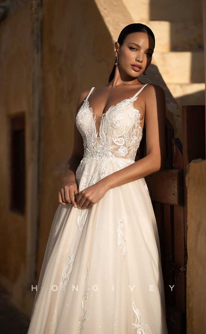 H0998 - Sexy Lace Spaghetti Straps Appliques With Train Long Boho/Beach Wedding Dress