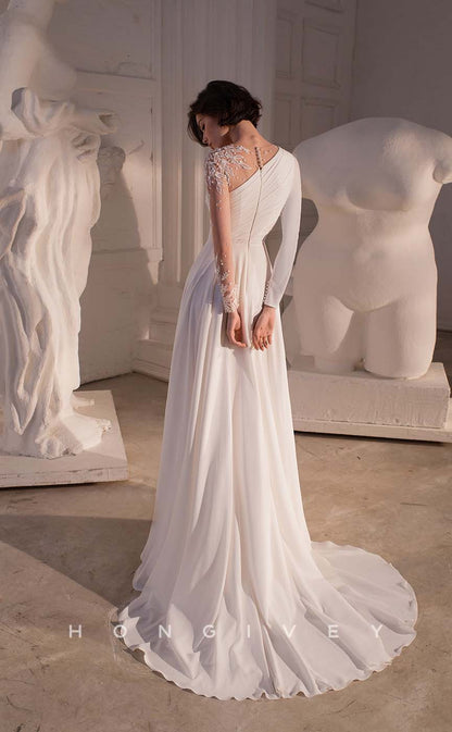 H1009 - Sexy Satin Ruched With Side Slit Long Sleeves Long Beach/Bohemian Wedding Dress