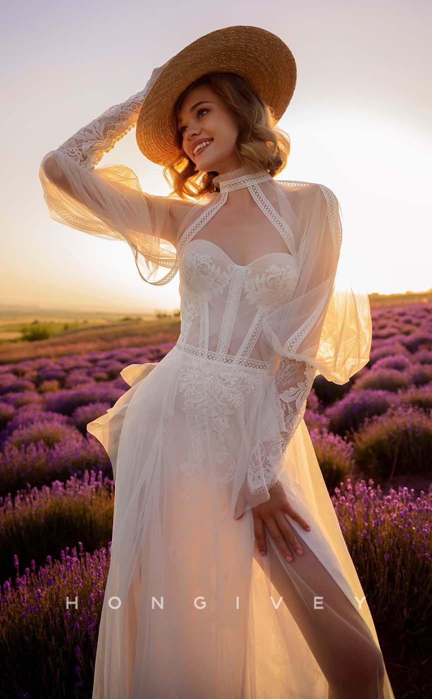 H1011 - Sexy Lace Sheer Empire Sweetheart Long Sleeve Long Bohemian/Beach Wedding Dress
