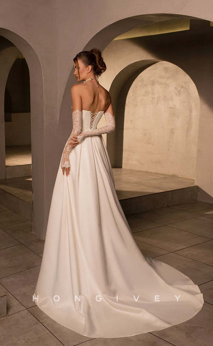 H1012 - Sexy Sweetheart Strapless Long Sleeve With Sweep Train Long Beach Wedding Dress