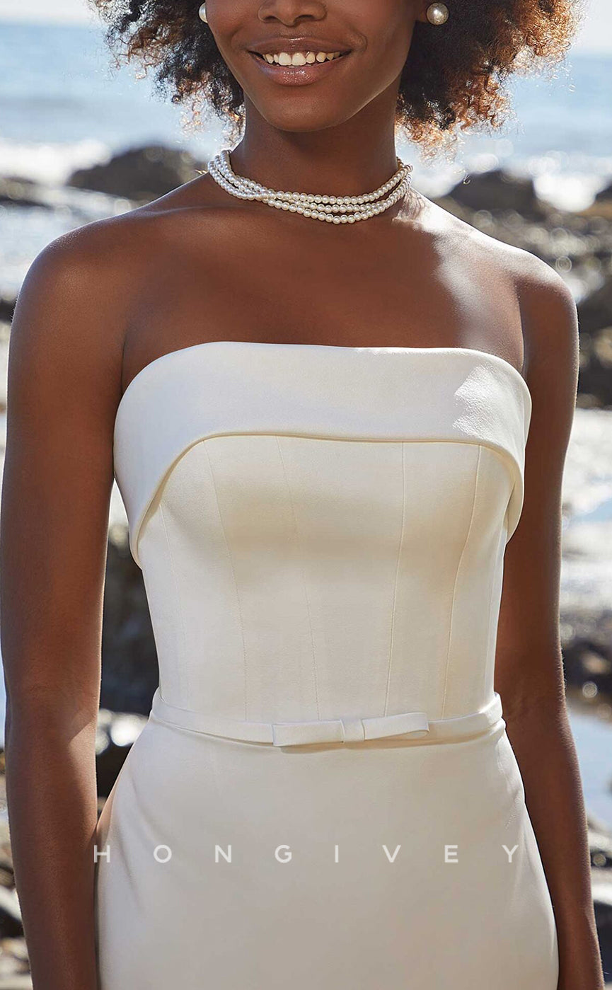 H1017 - Simple Stain Strapless Sleeveless Bowknot Belt Short Wedding Dress