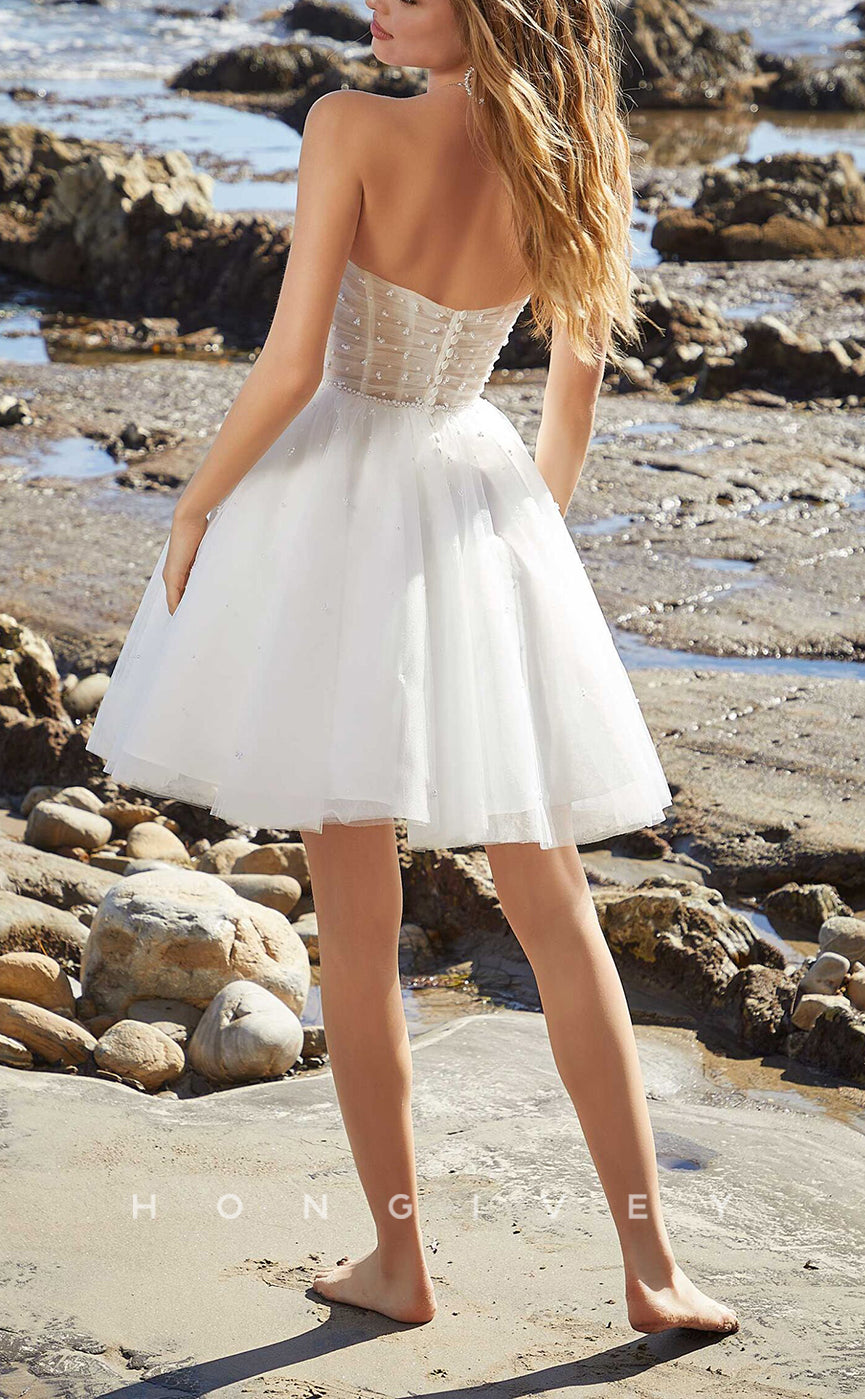 H1018 - Simple Sweet Strapless Sheer Pearl Short Wedding Dress